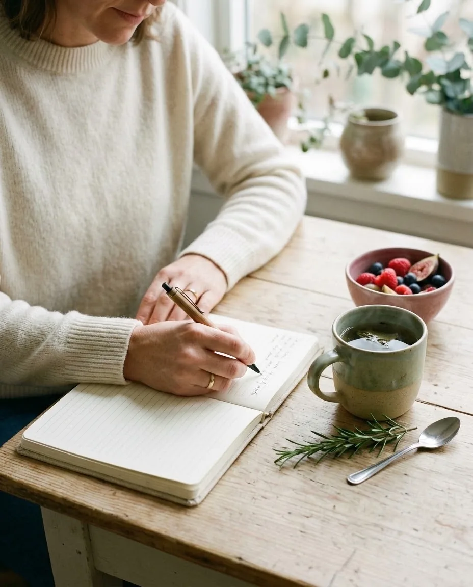 Manos de mujer escribiendo en un cuaderno junto a una taza de infusión y fruta de temporada