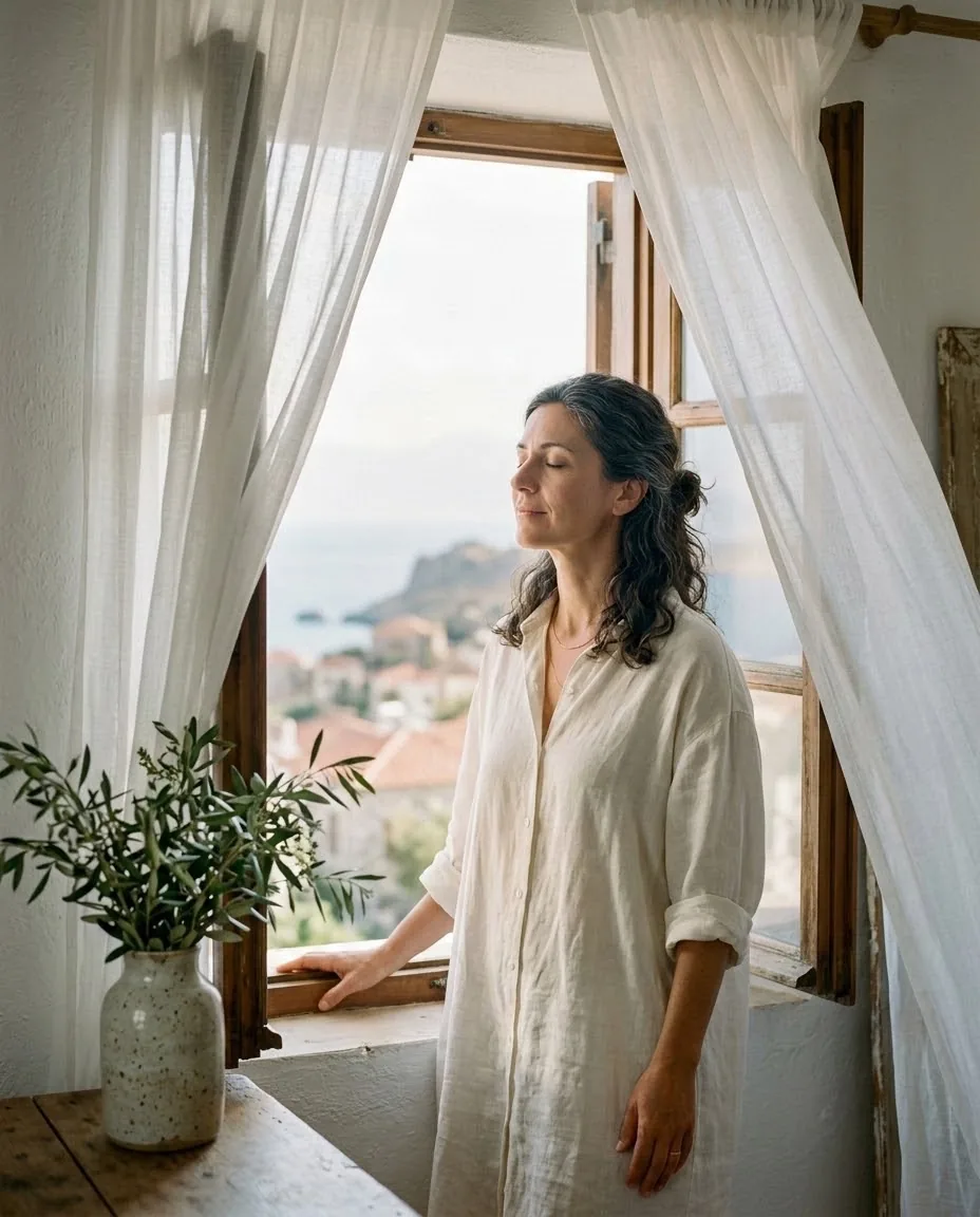 Mujer junto a una ventana con cortinas de lino, con los ojos cerrados bajo la luz de la mañana