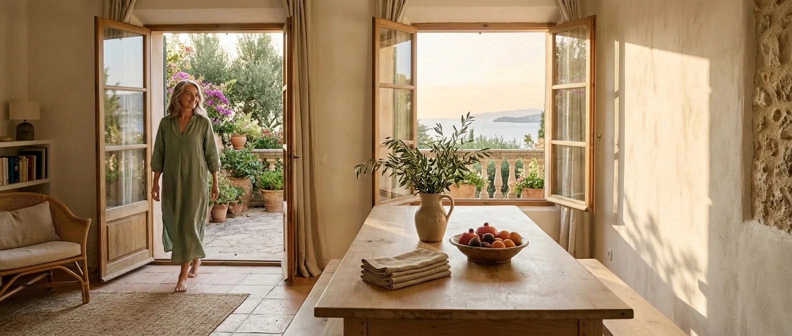 Salón mediterráneo a la luz del atardecer, con una mesa de madera, lino y ramas de olivo