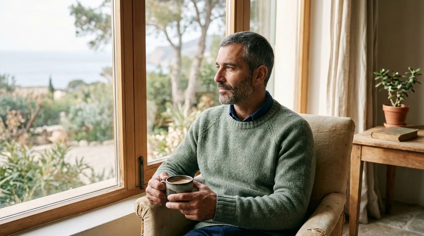 Hombre de unos cuarenta y cinco años sentado junto a una ventana por la mañana, con una taza en las manos y mirada serena