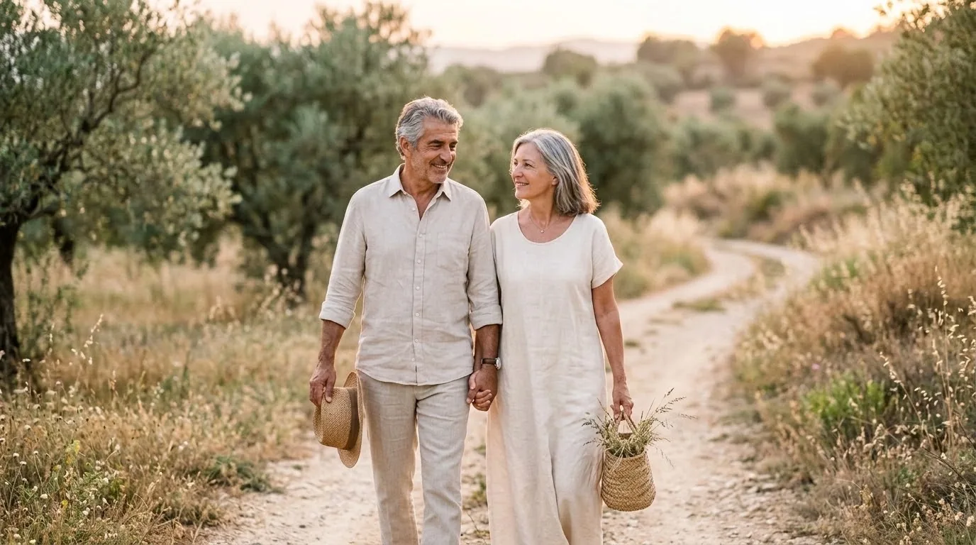 Pareja de unos sesenta años paseando por un sendero de campo al atardecer, con ropa clara y gesto relajado