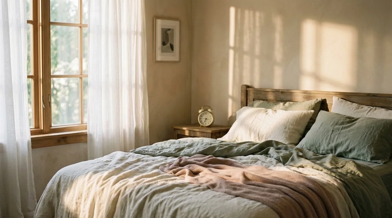 Luz de amanecer entrando por una ventana sobre una cama deshecha con sábanas de lino claro