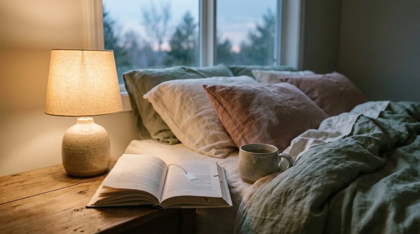 Mesilla de noche con una lámpara de luz cálida, un libro abierto y una taza de infusión junto a una cama con ropa de lino
