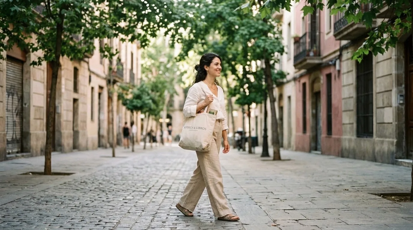 Mujer de unos cuarenta y cinco años caminando por una calle arbolada a primera hora de la mañana con una bolsa de tela al hombro